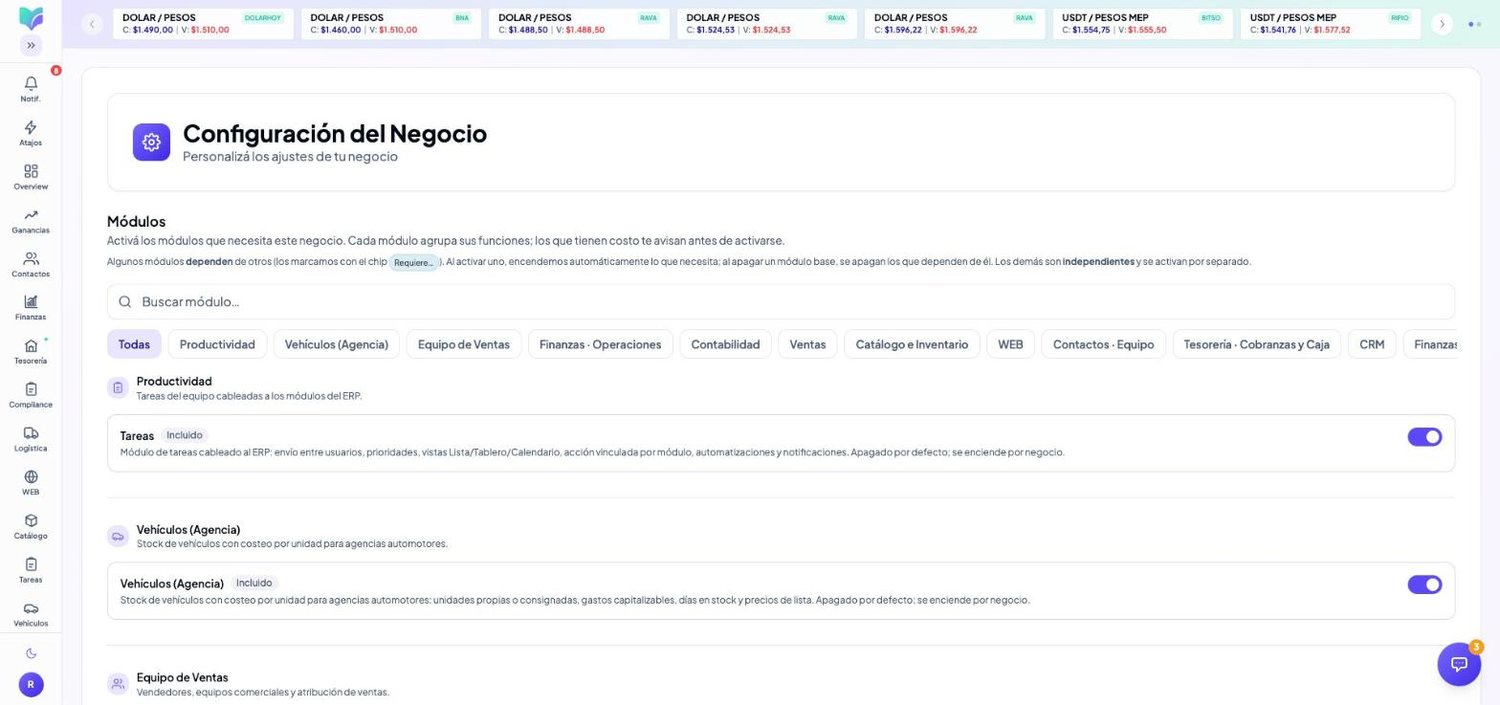 Módulo Configuración de MOBU — captura real de la app