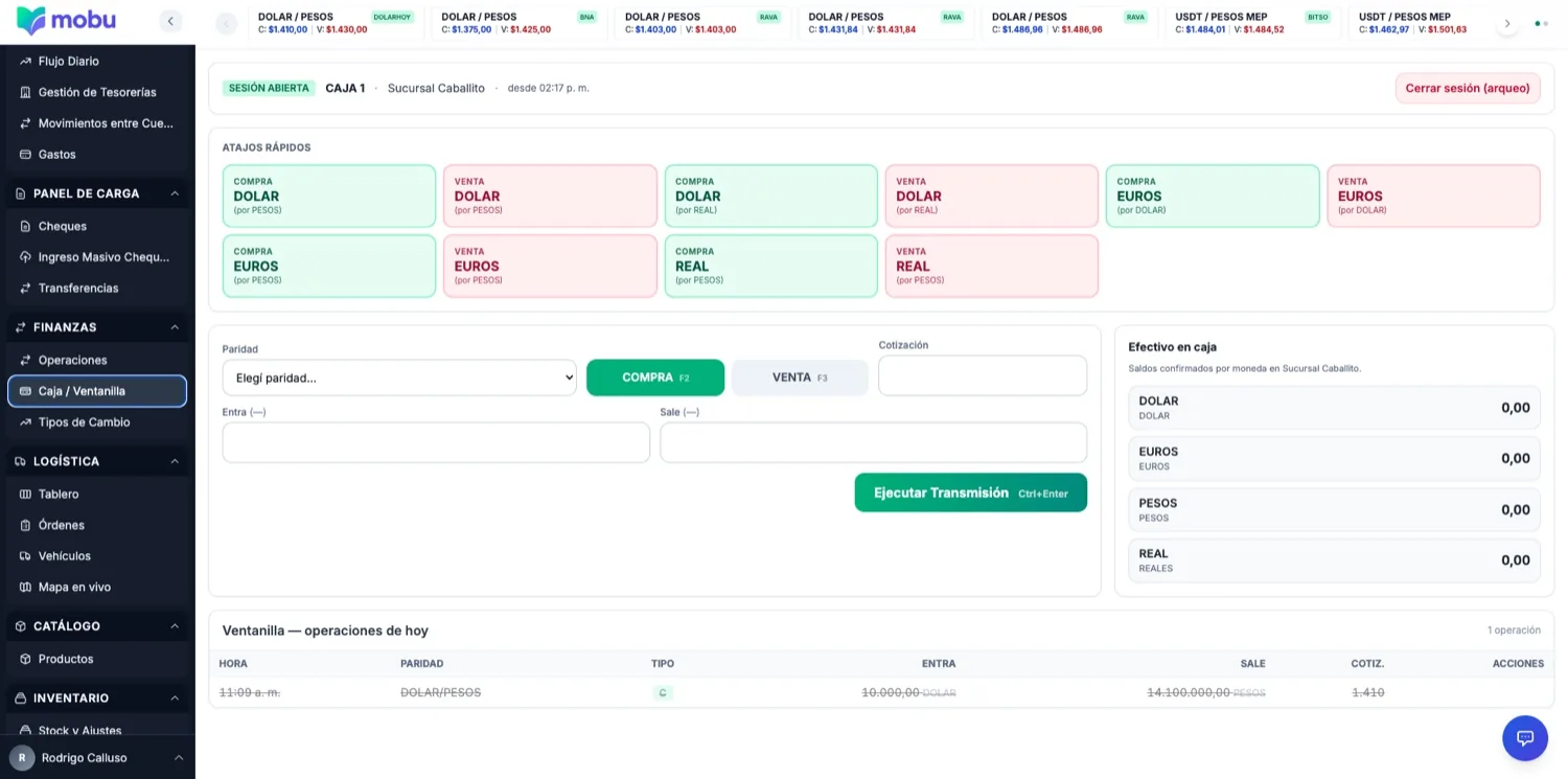 Caja / Ventanilla en MOBU — captura real de la app