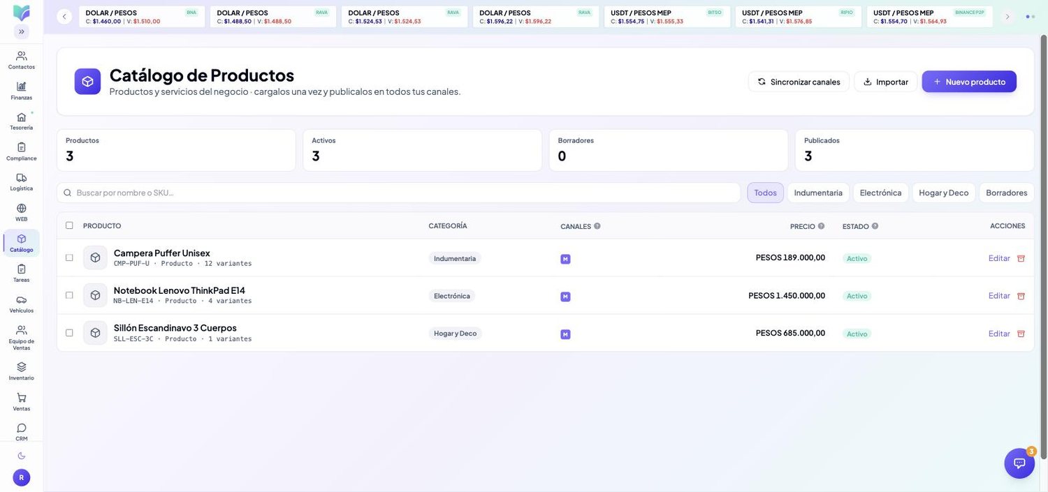 Módulo Catálogo de MOBU — captura real de la app
