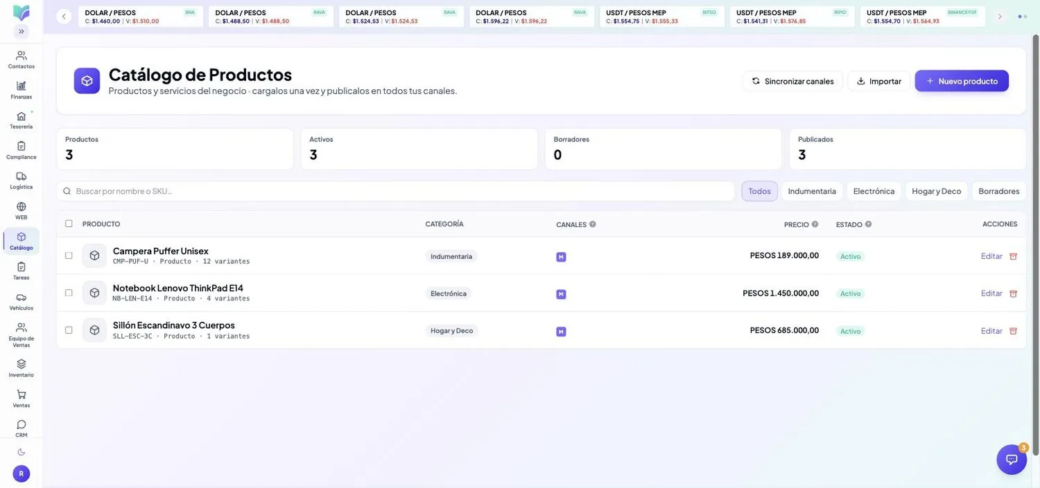 Módulo Catálogo de MOBU — captura real