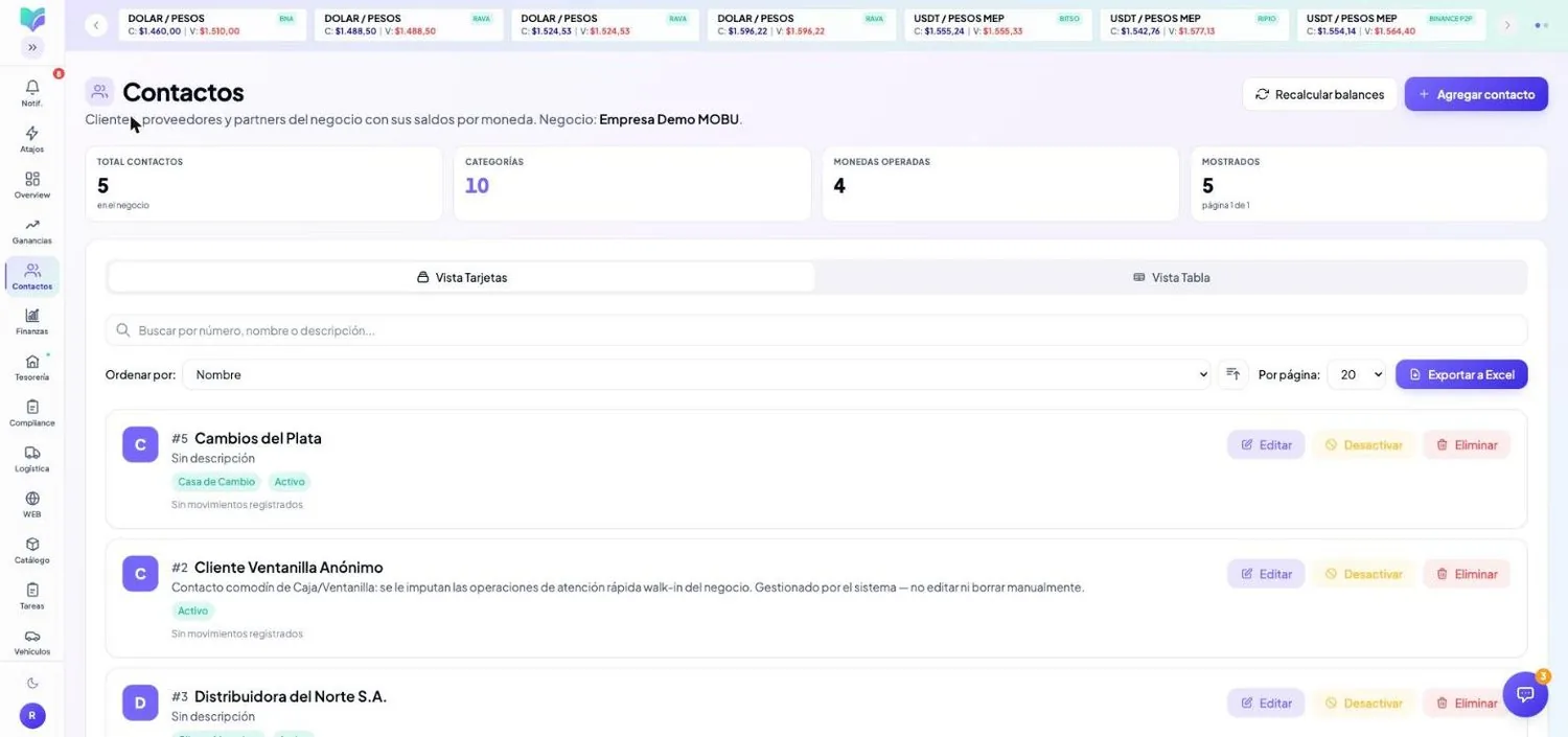 Módulo Contactos de MOBU — captura real