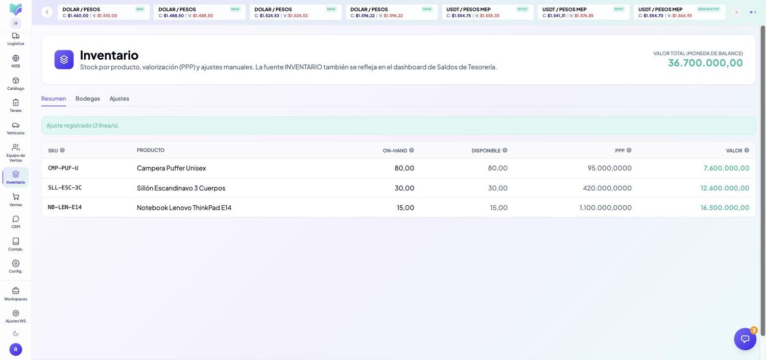 Módulo Inventario de MOBU — captura real de la app