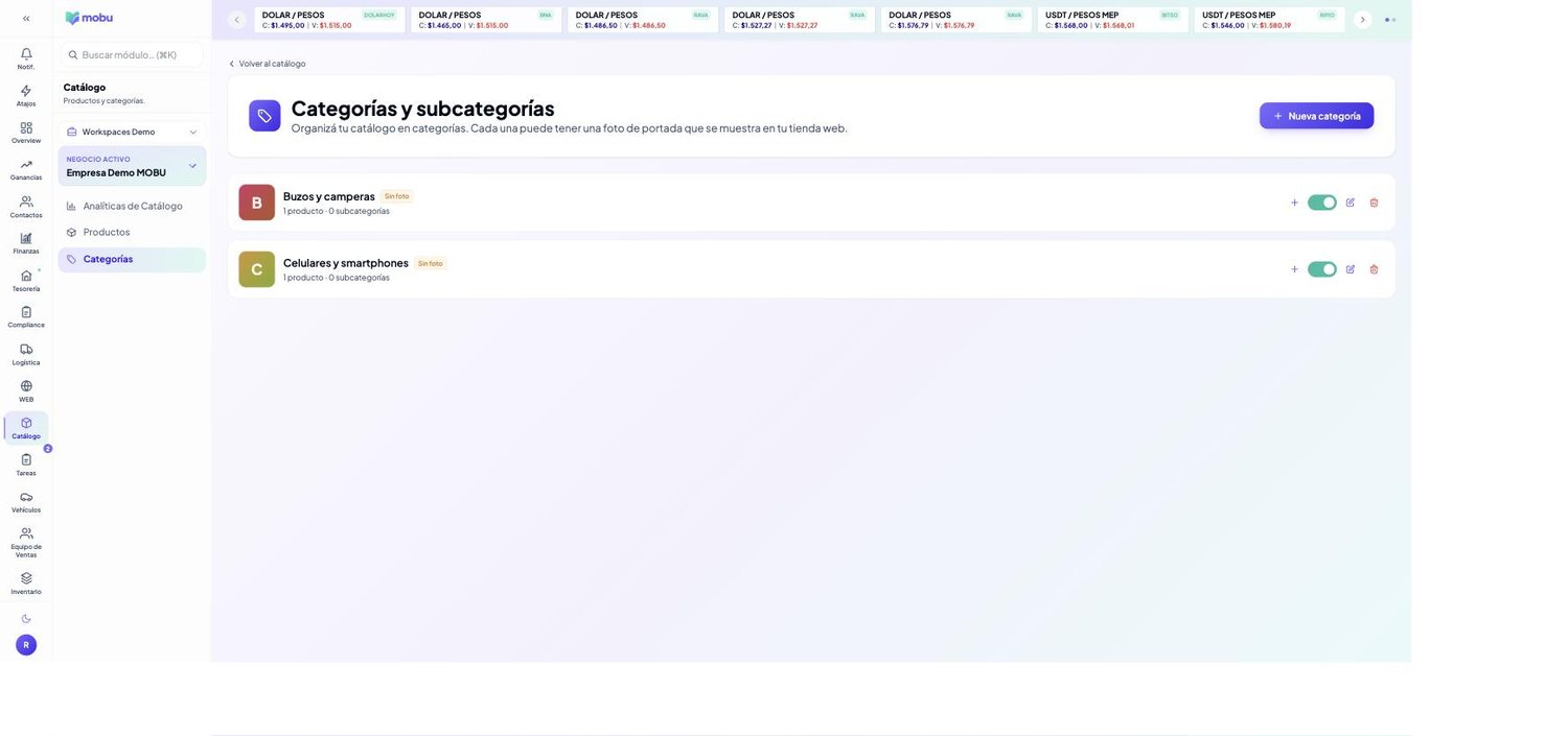 Categorías en MOBU — captura real de la app