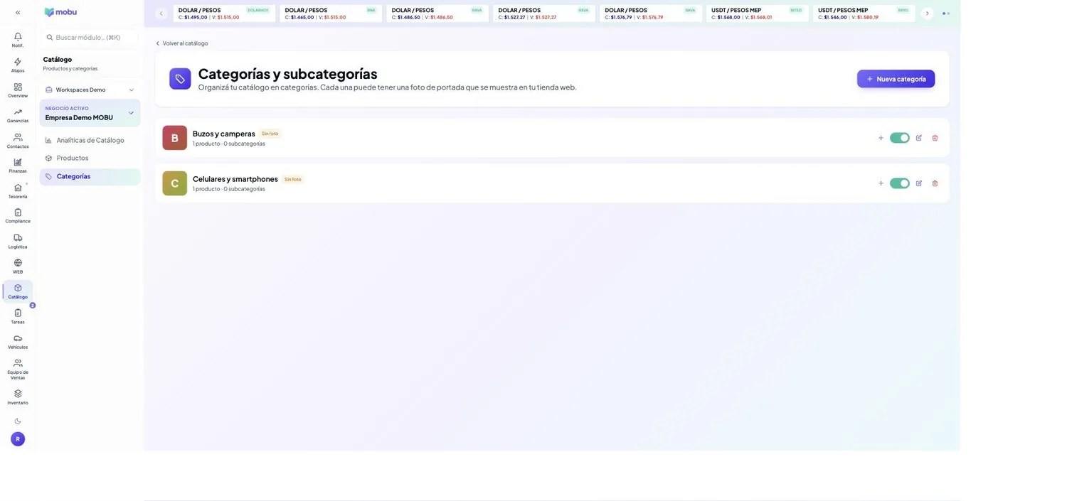 Categorías en MOBU — captura real de la app