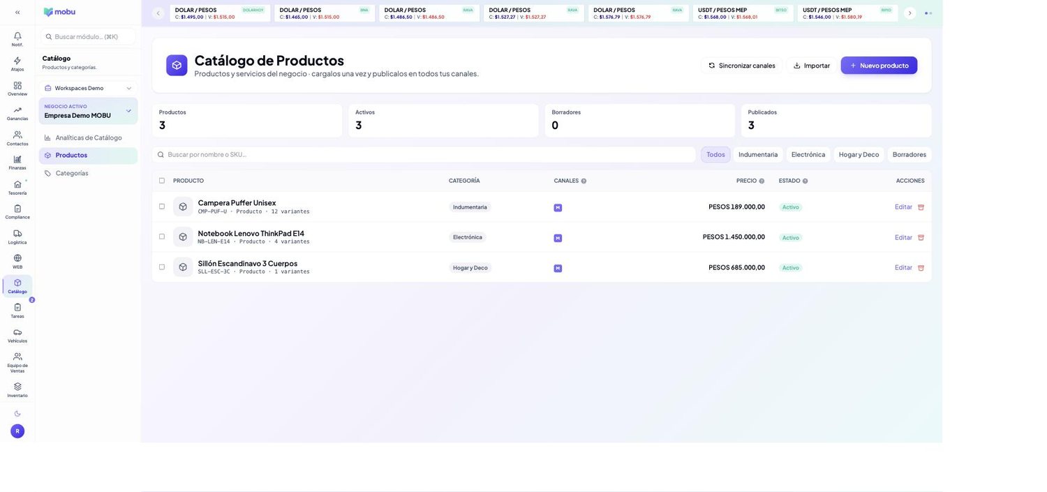 Productos en MOBU — captura real de la app