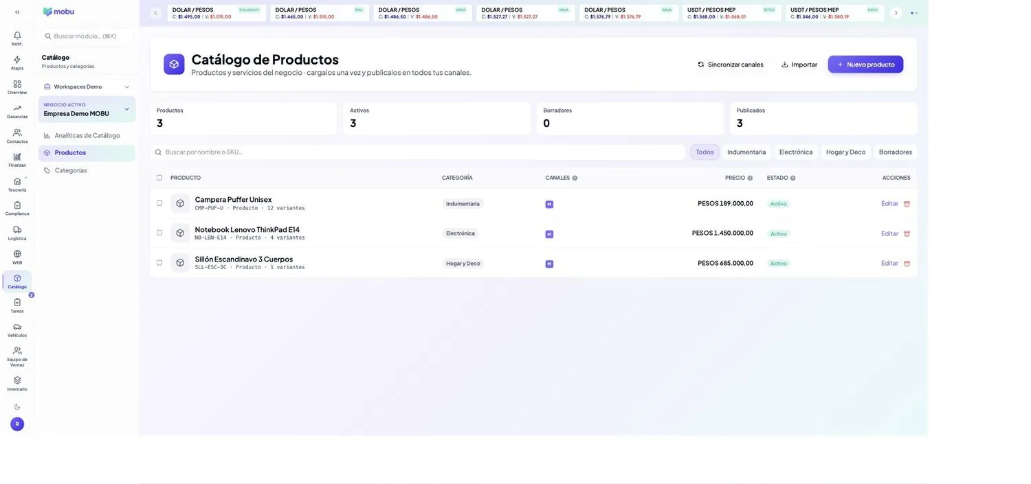 Productos en MOBU — captura real de la app