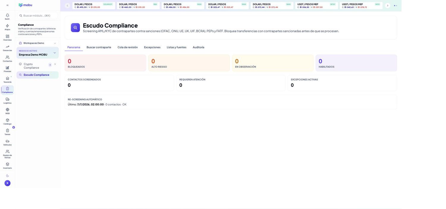 Escudo Compliance (AML/KYC) en MOBU — captura real de la app