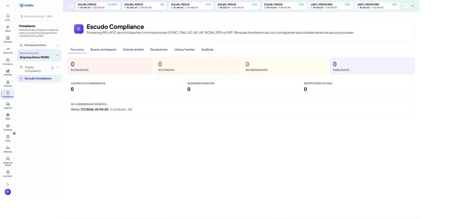 Escudo Compliance (AML/KYC) en MOBU — captura real de la app