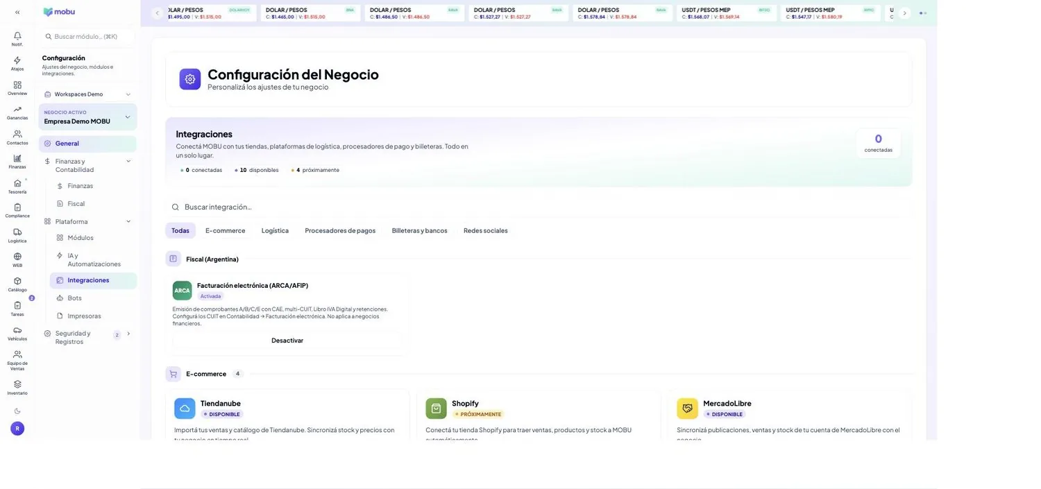 Panel de integraciones de MOBU — captura real de la app