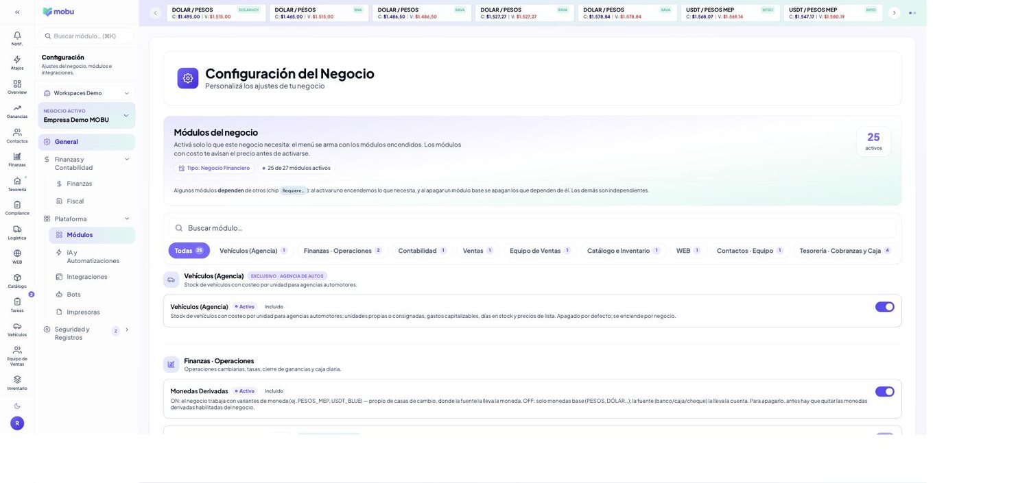Plataforma (Módulos, IA, Integraciones, Bots, Impresoras) en MOBU — captura real de la app