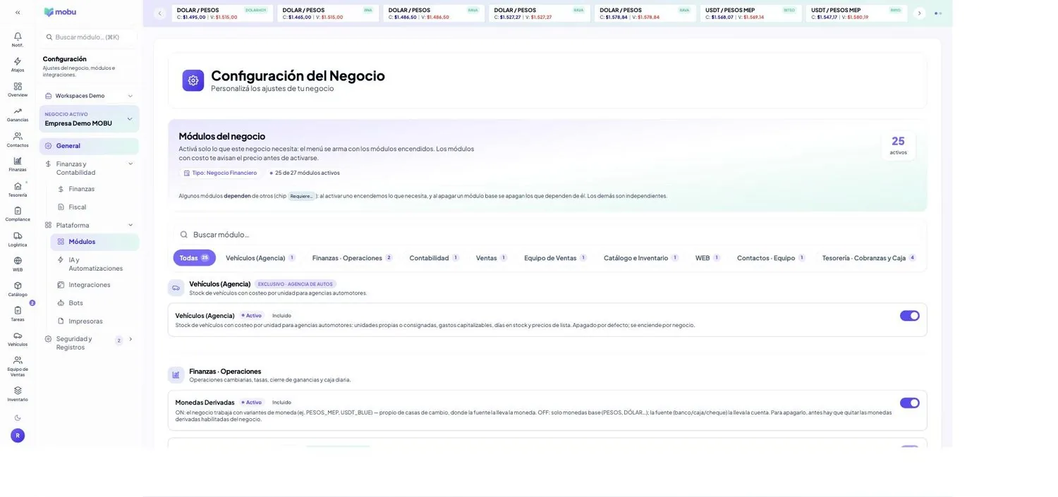 Plataforma (Módulos, IA, Integraciones, Bots, Impresoras) en MOBU — captura real de la app