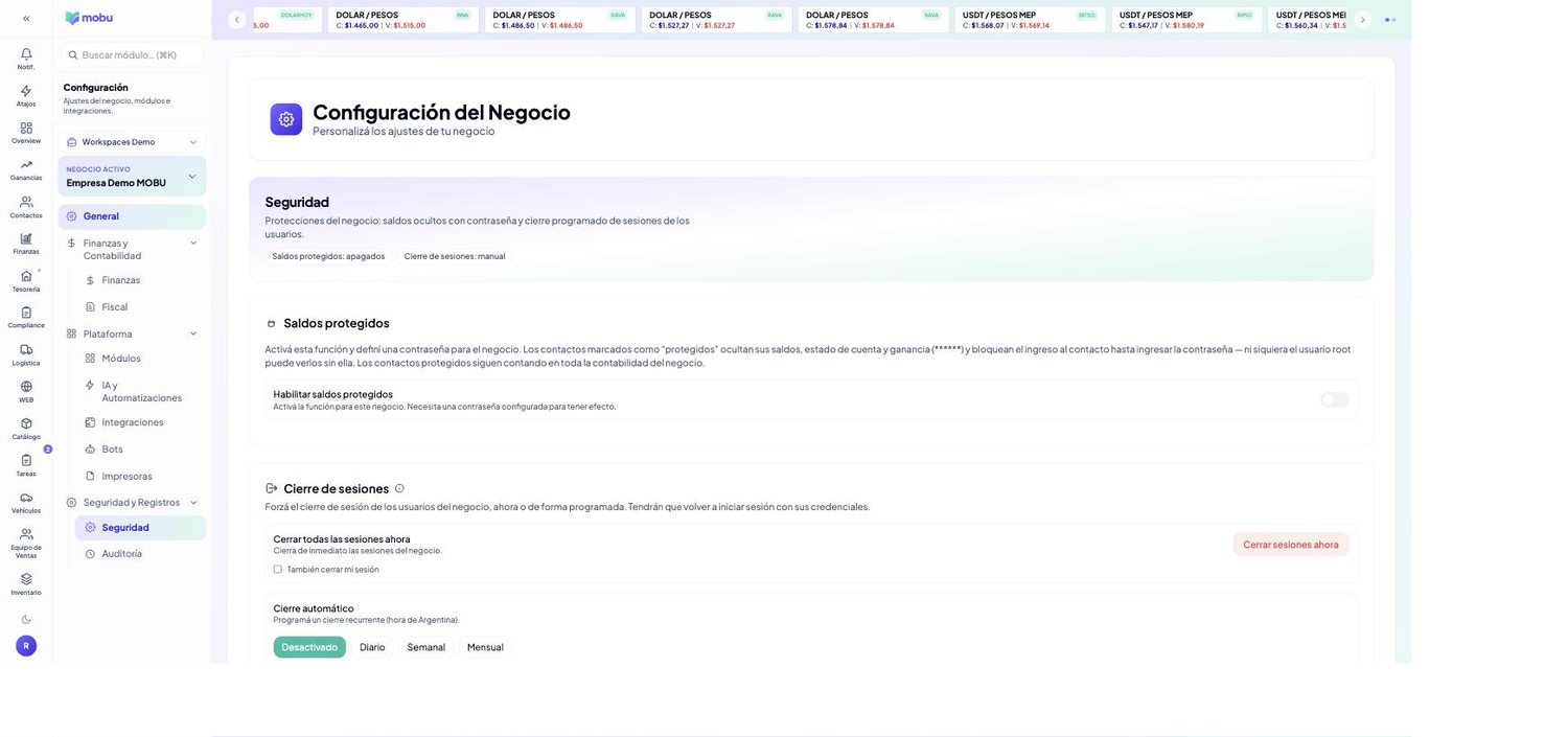 Seguridad y Auditoría en MOBU — captura real de la app