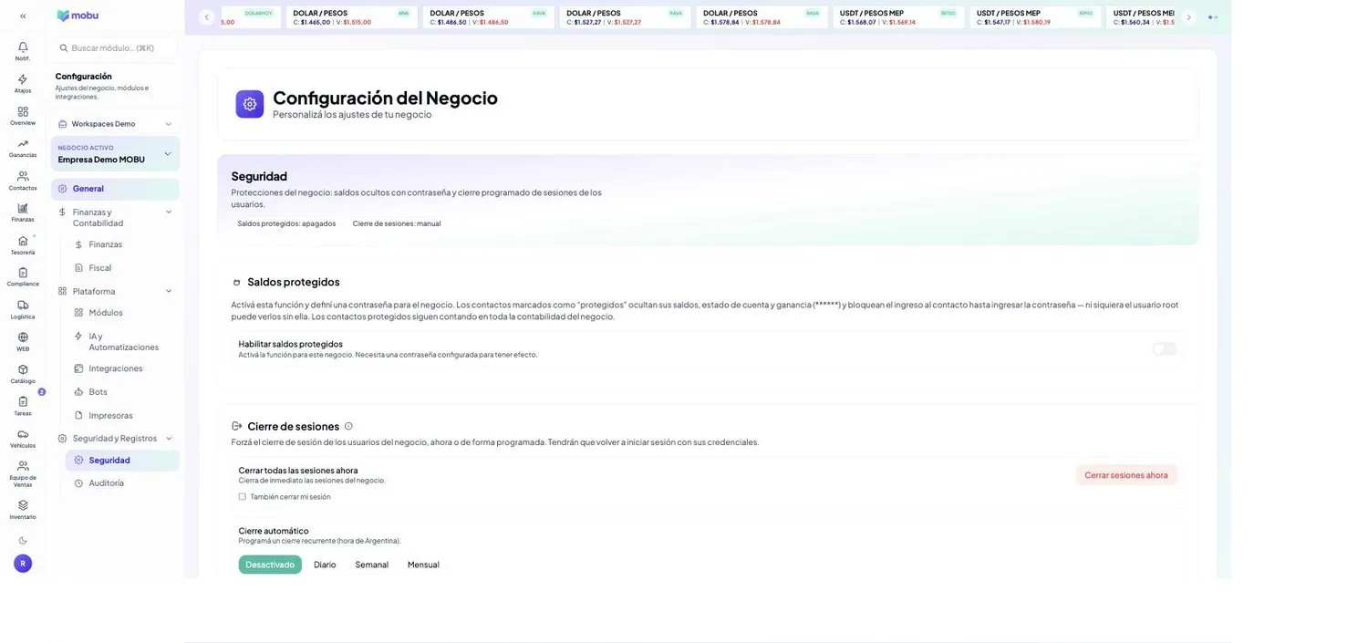 Workspace y equipo en MOBU — captura real de la app