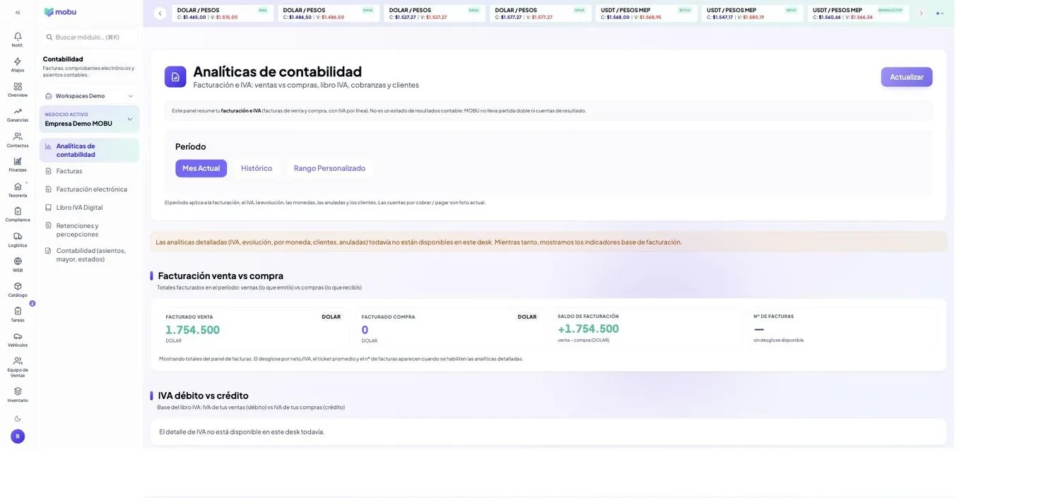 Analíticas de contabilidad en MOBU — captura real de la app