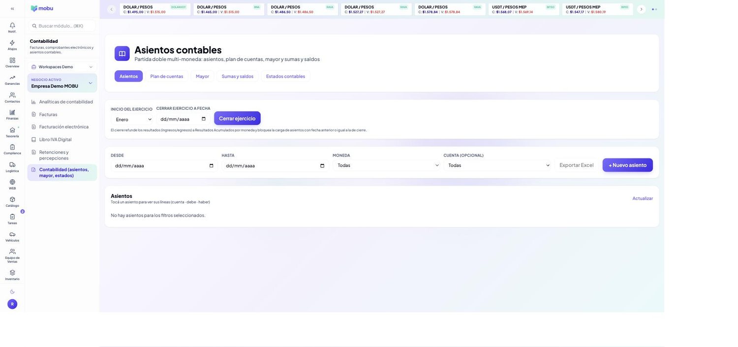 Asientos contables en MOBU — captura real de la app