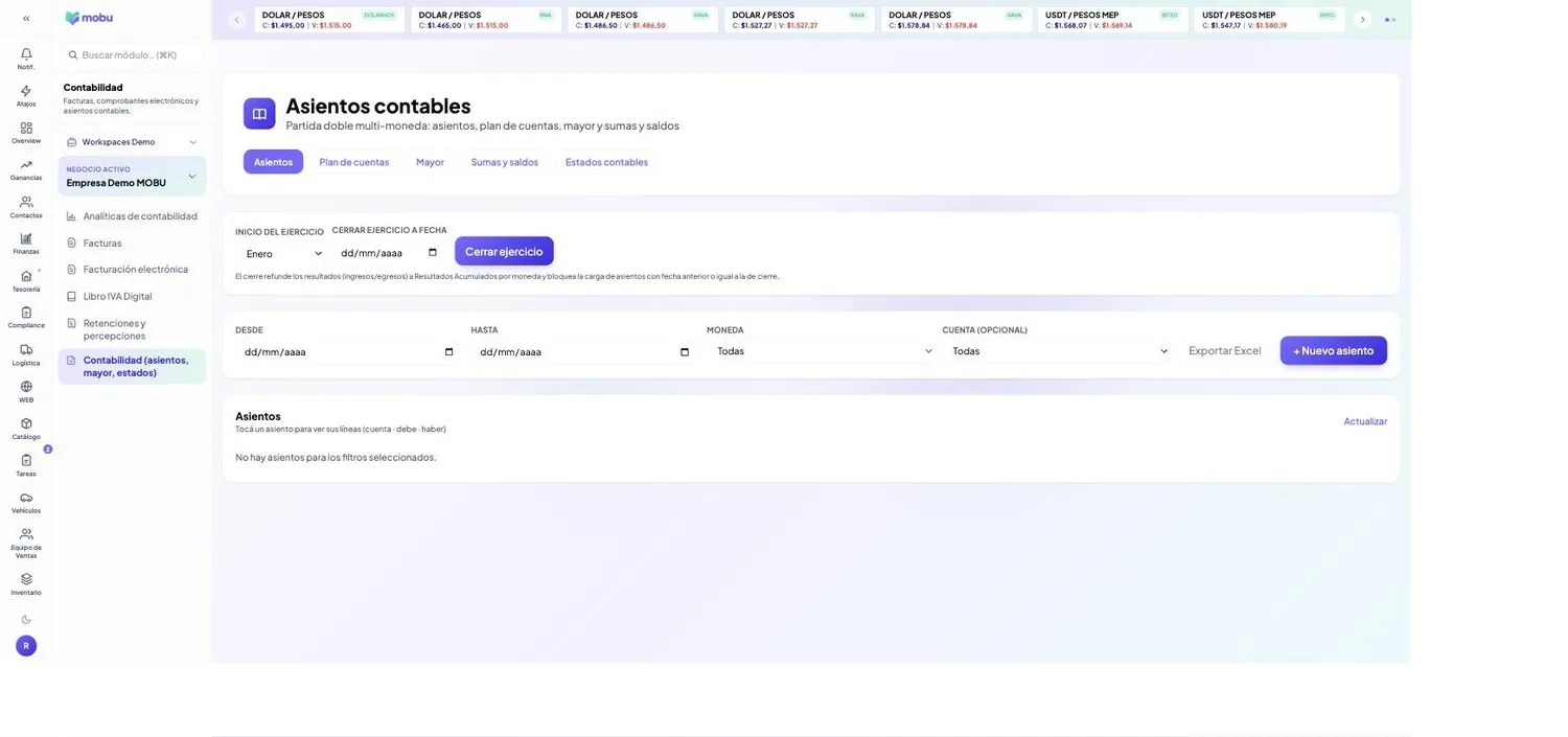 Asientos contables (Libro Diario) en MOBU — captura real de la app