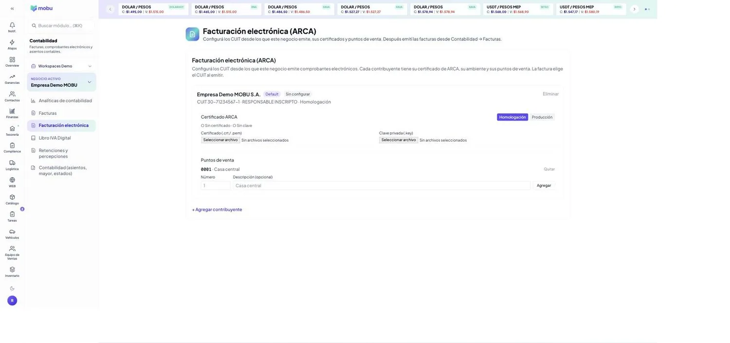 Facturación electrónica (ARCA) en MOBU — captura real de la app