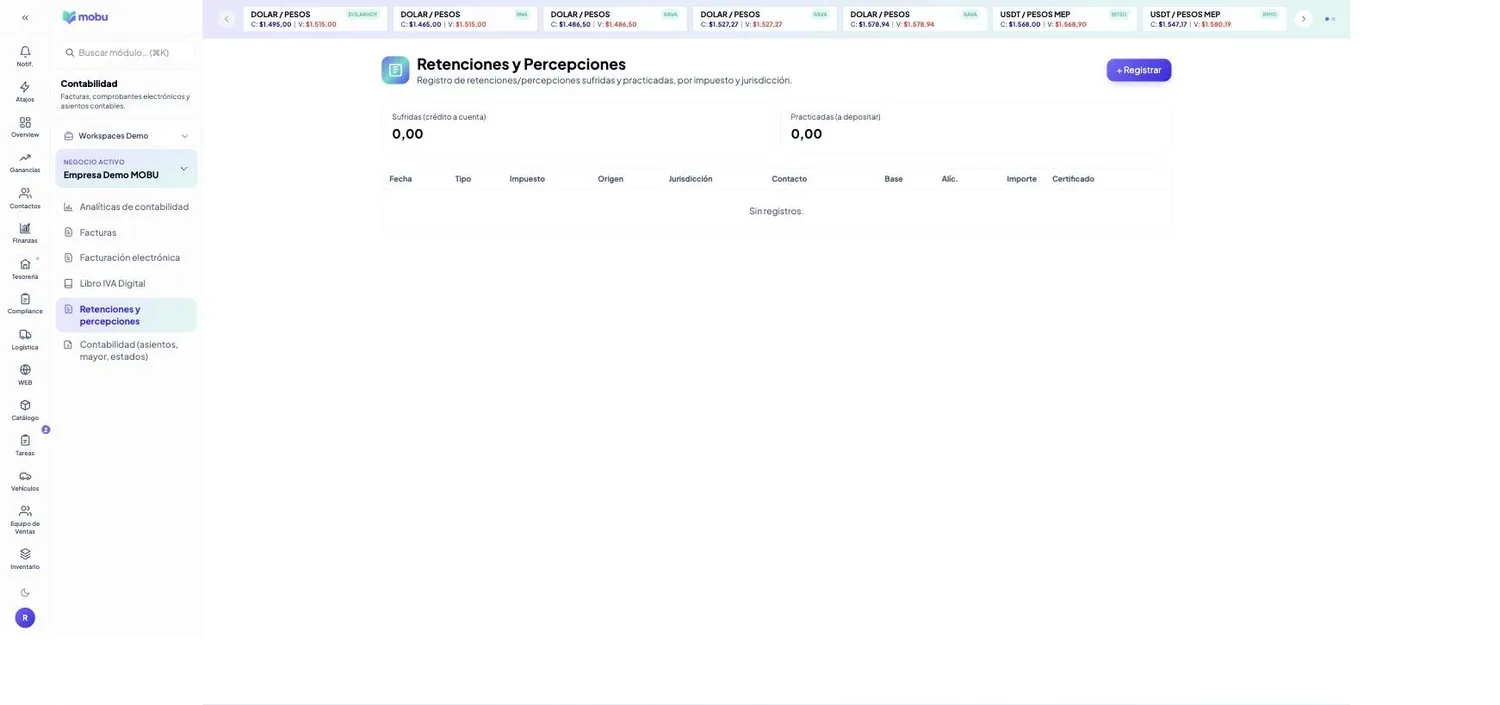 Retenciones y percepciones en MOBU — captura real de la app