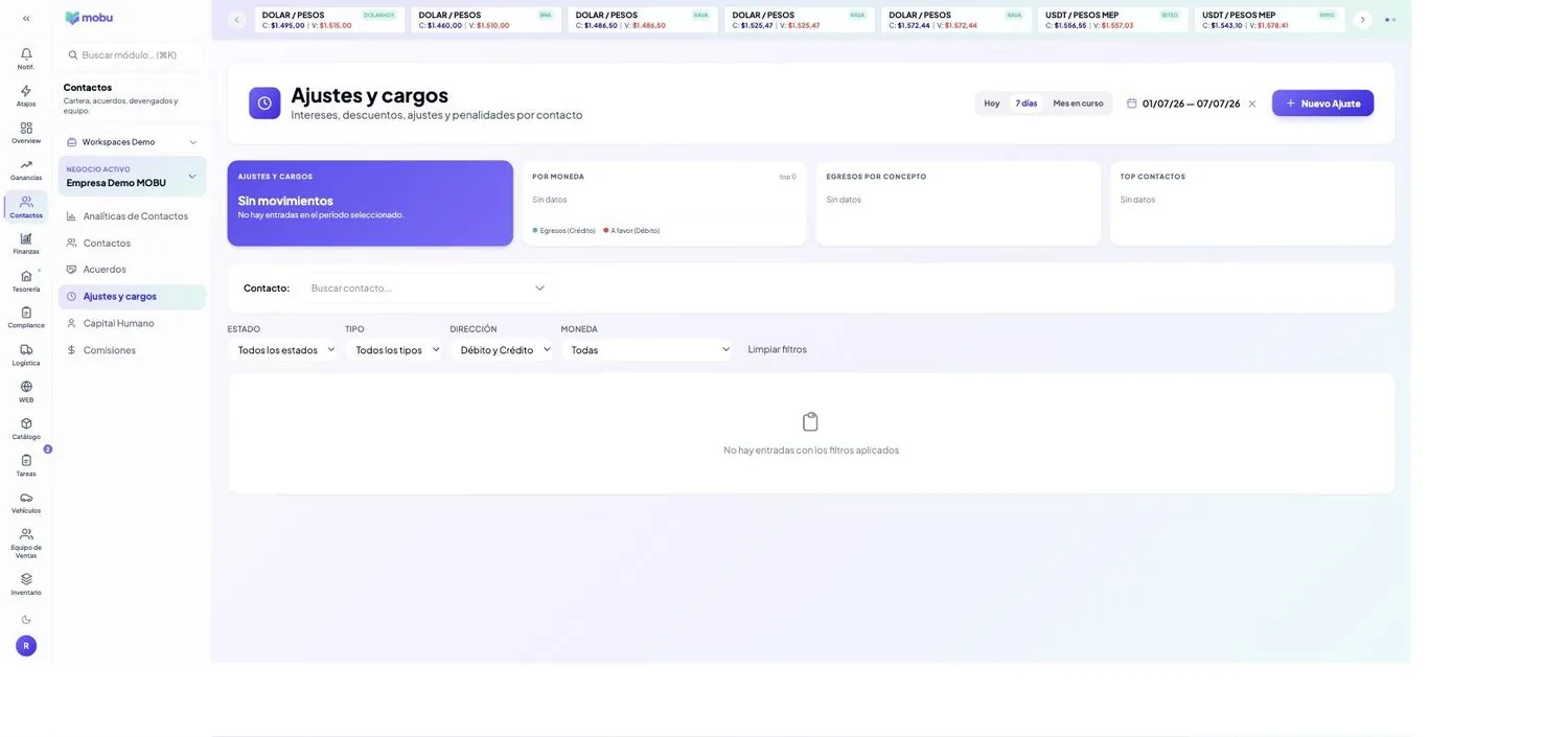 Ajustes y cargos en MOBU — captura real de la app