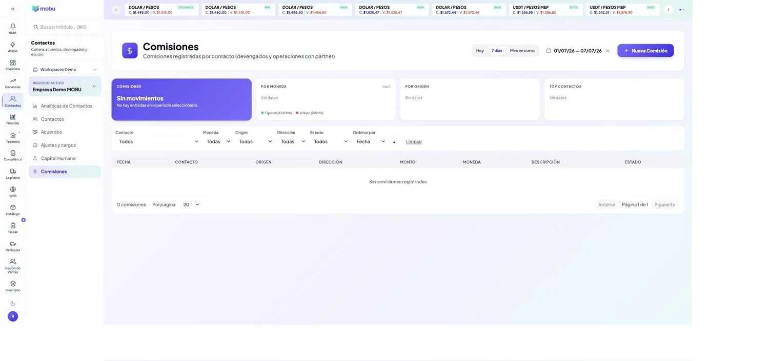 Comisiones en MOBU — captura real de la app