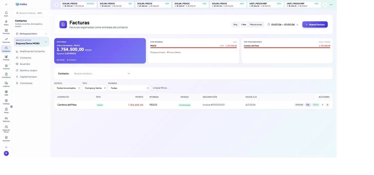 Facturas por contacto en MOBU — captura real de la app