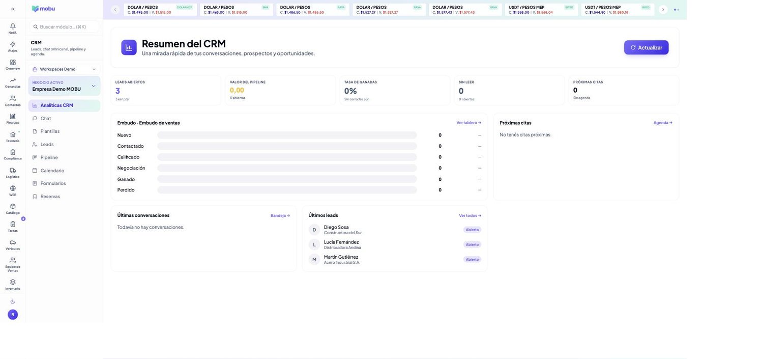 Analíticas CRM en MOBU — captura real de la app
