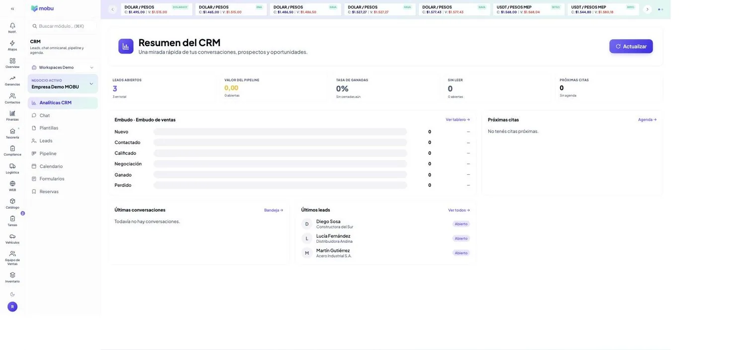 Analíticas CRM en MOBU — captura real de la app