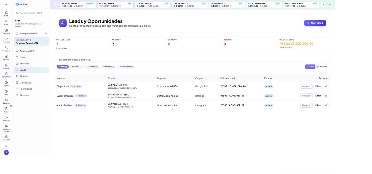 Leads en MOBU — captura real de la app
