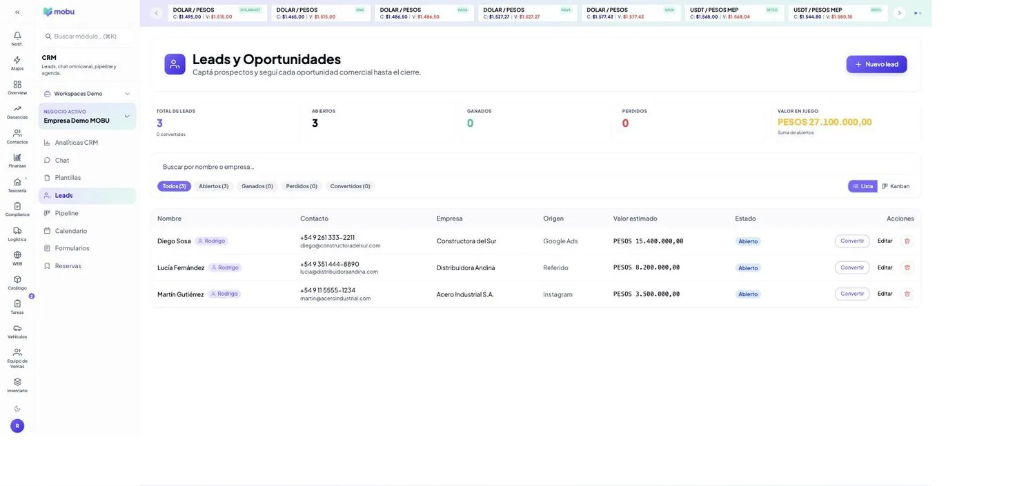 Leads en MOBU — captura real de la app