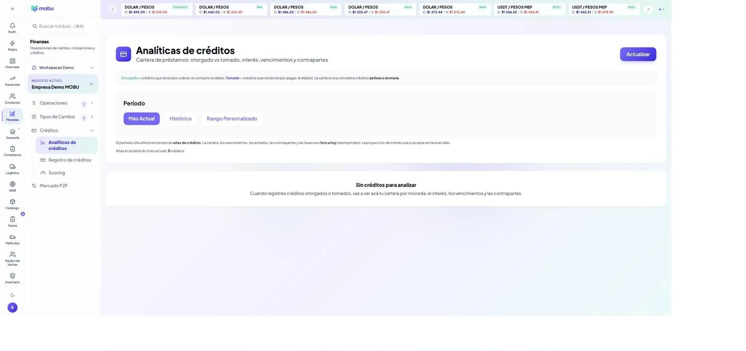 Analíticas de créditos en MOBU — captura real de la app