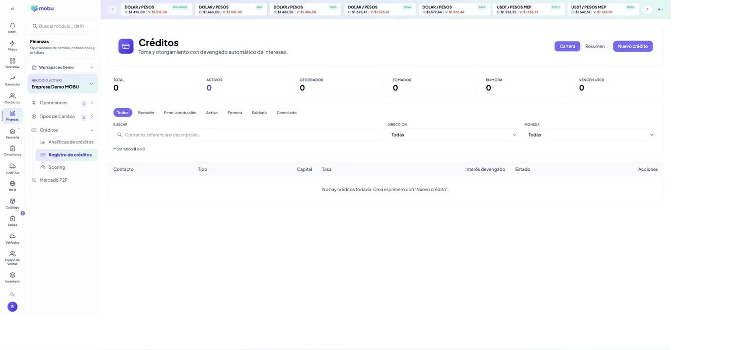 Registro de créditos en MOBU — captura real de la app
