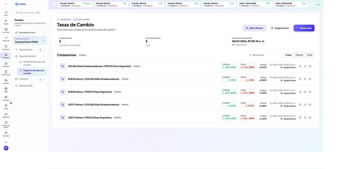 Registro de tipos de cambio en MOBU — captura real de la app