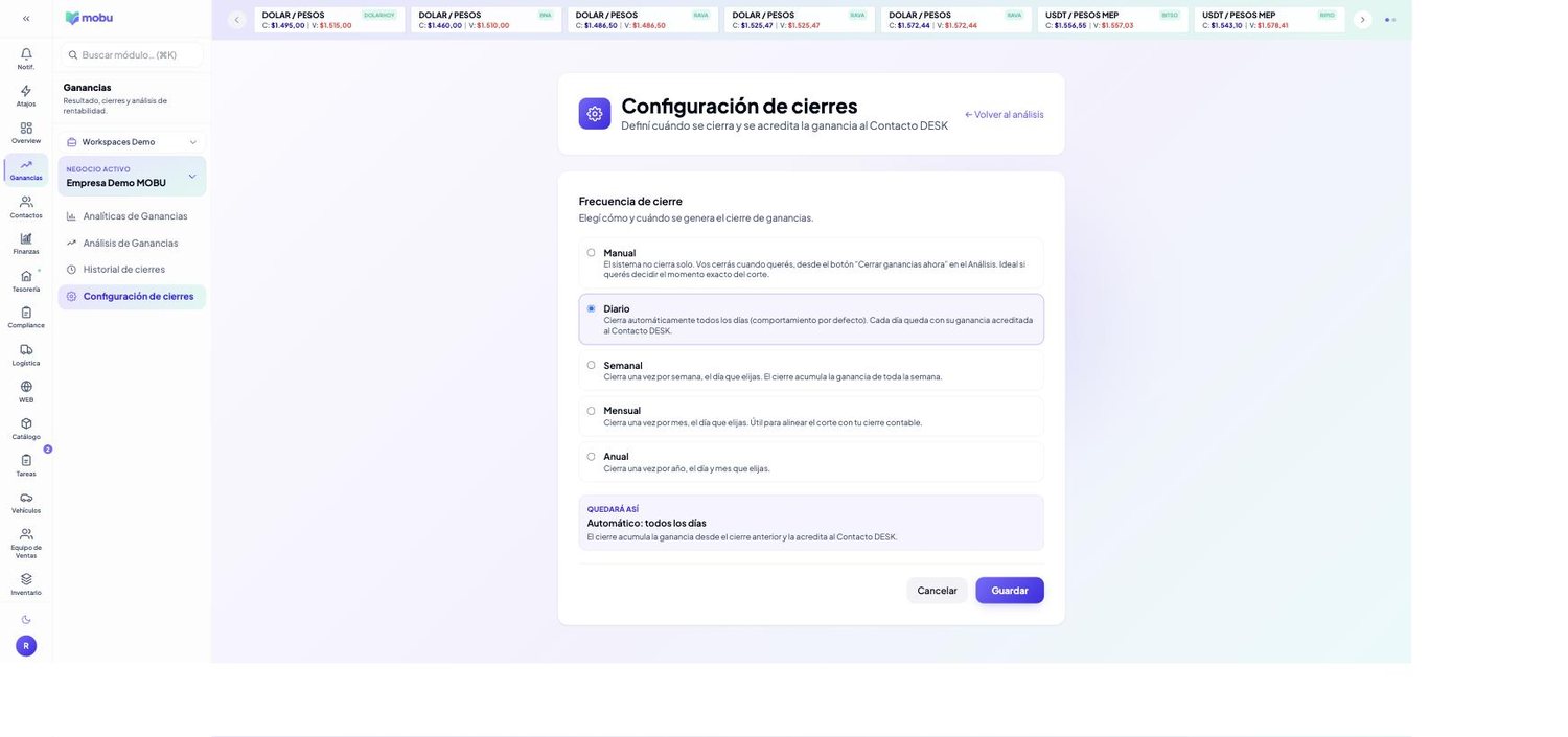 Configuración de cierres en MOBU — captura real de la app