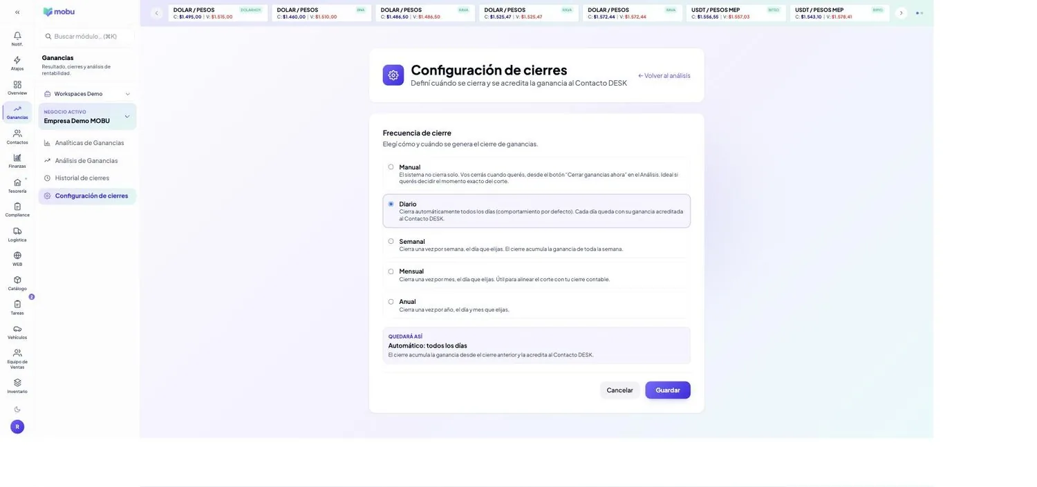 Configuración de cierres en MOBU — captura real de la app