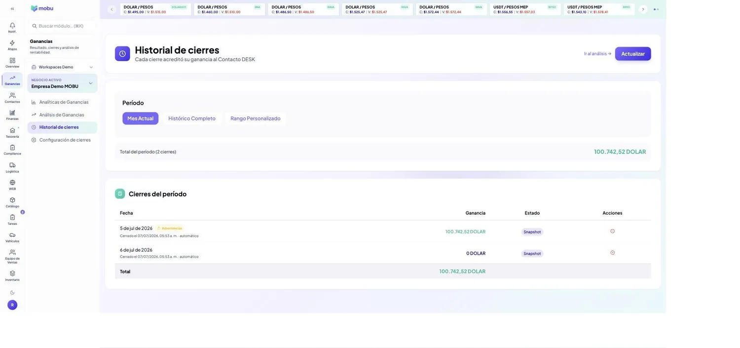 Historial de cierres en MOBU — captura real de la app