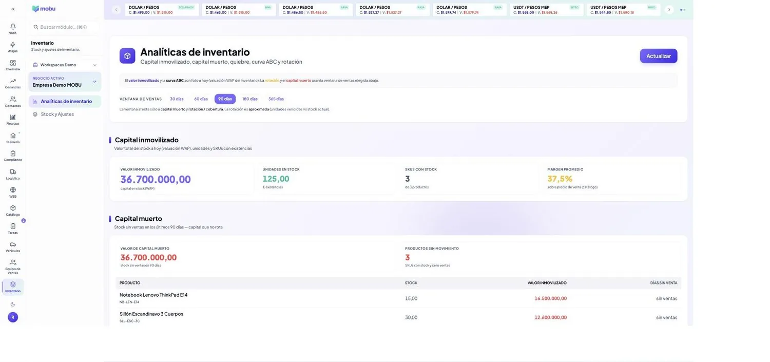 Analíticas de inventario en MOBU — captura real de la app