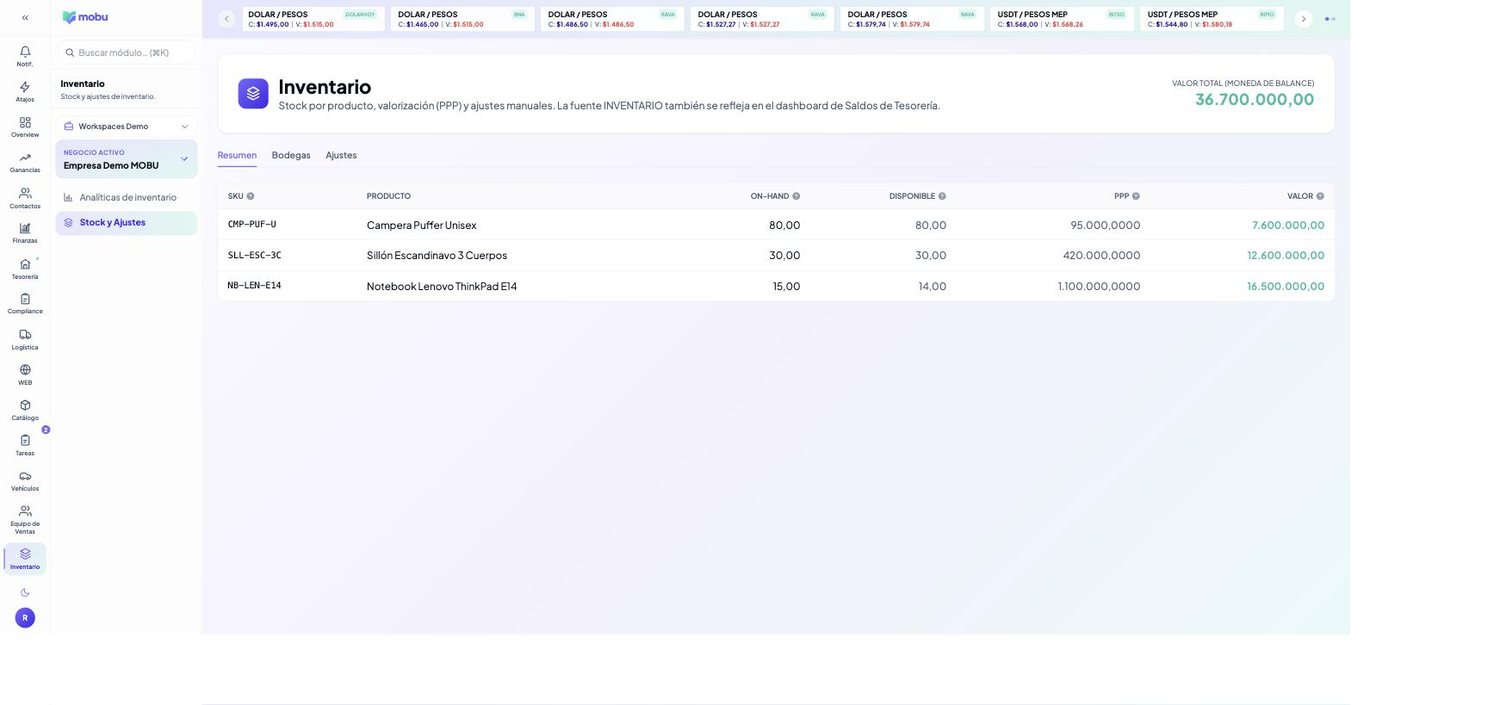 Stock y Ajustes en MOBU — captura real de la app