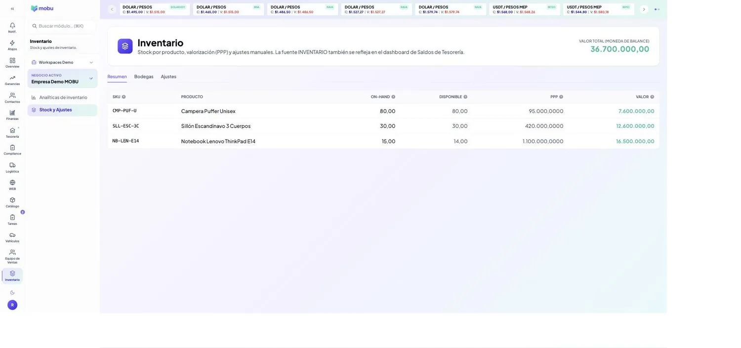 Stock y Ajustes en MOBU — captura real de la app