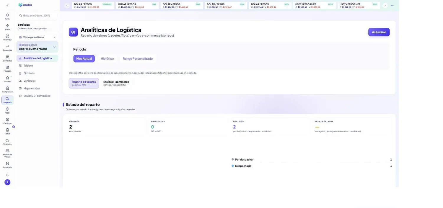 Analíticas de Logística en MOBU — captura real de la app