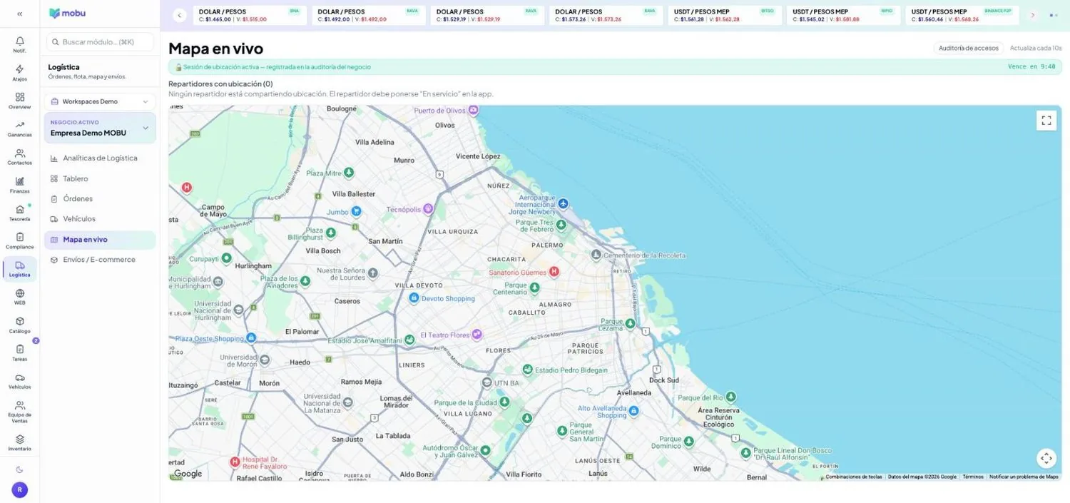 Mapa en vivo en MOBU — captura real de la app