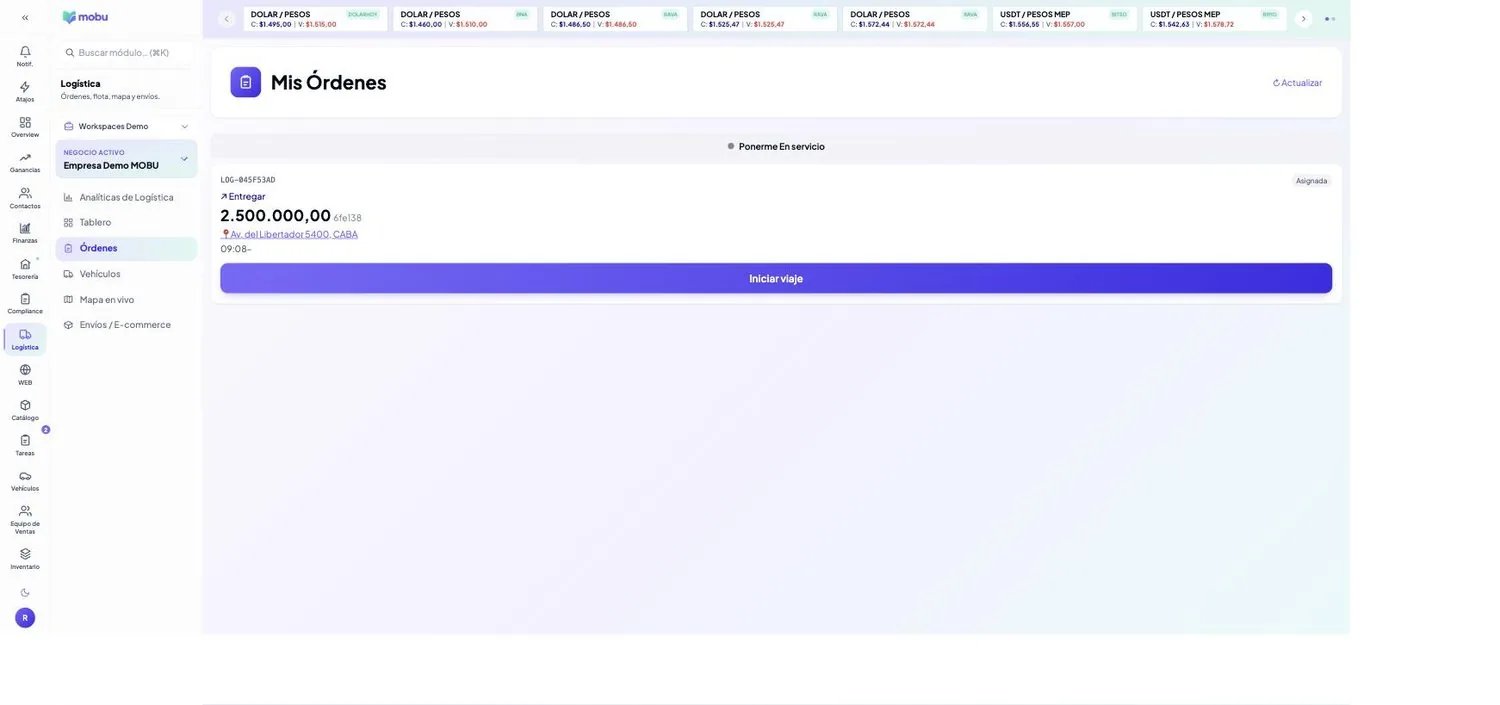 Órdenes de logística en MOBU — captura real de la app