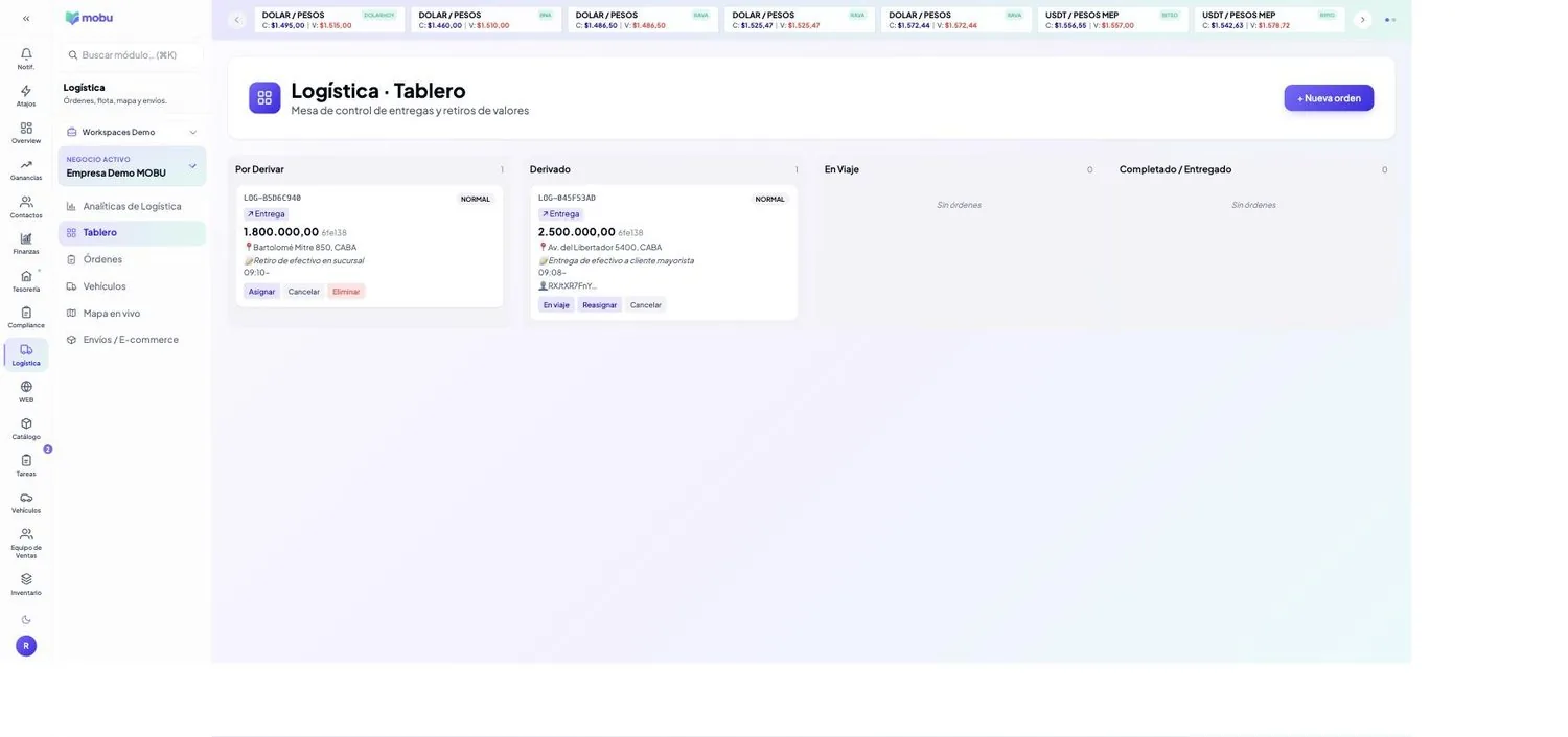 Tablero de reparto en MOBU — captura real de la app