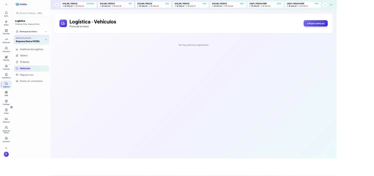 Vehículos en MOBU — captura real de la app