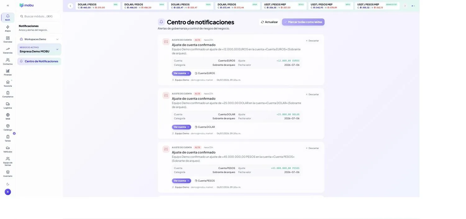 Módulo Centro de Notificaciones de MOBU — captura real de la app