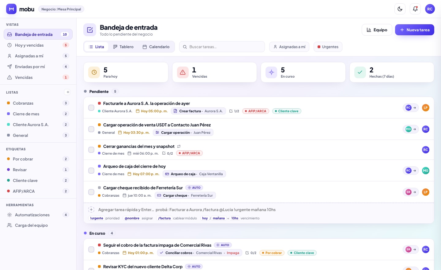 Automatizaciones en MOBU — captura real de la app
