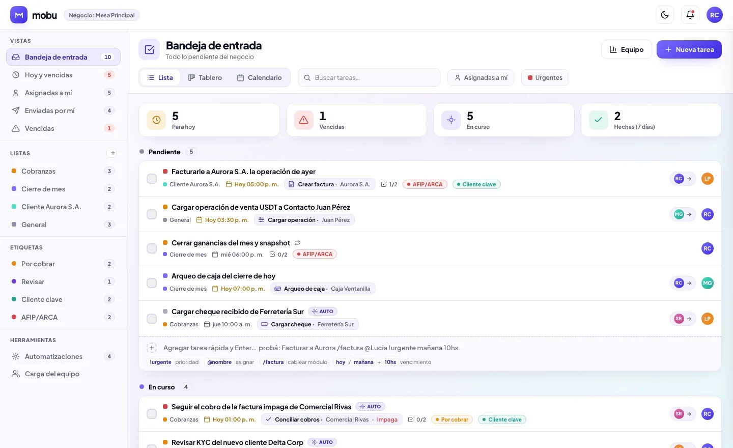 Automatizaciones en MOBU — captura real de la app