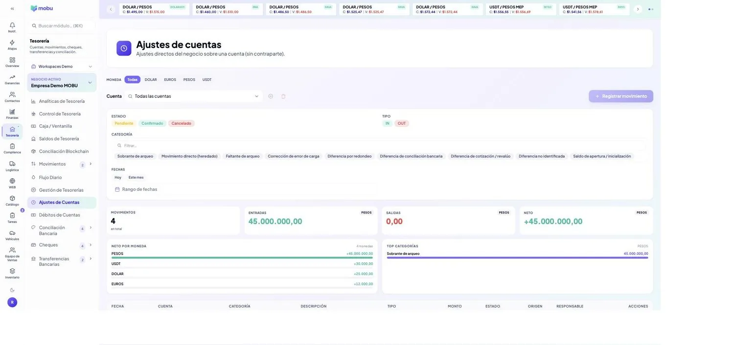Ajustes de Cuentas en MOBU — captura real de la app