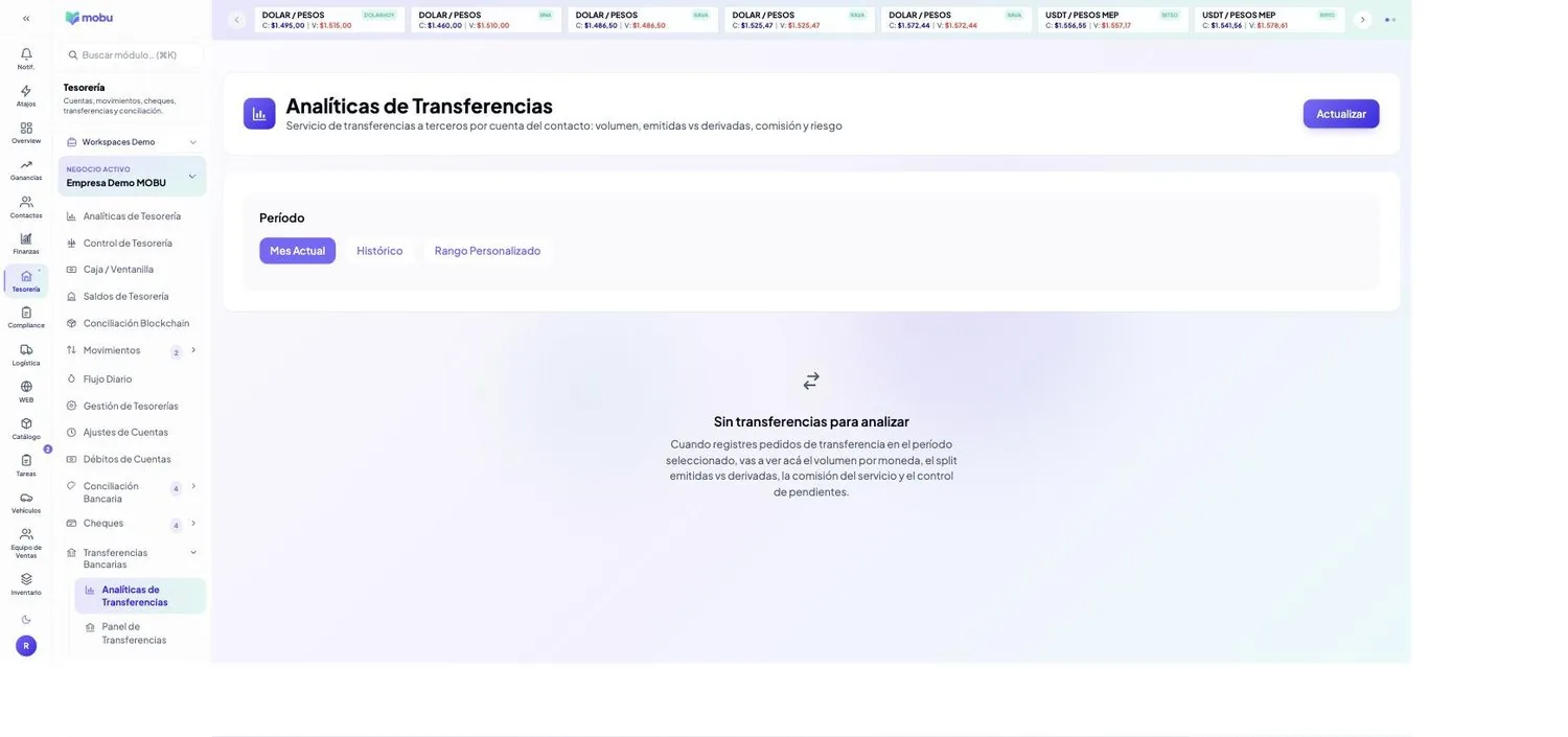 Analíticas de Transferencias en MOBU — captura real de la app