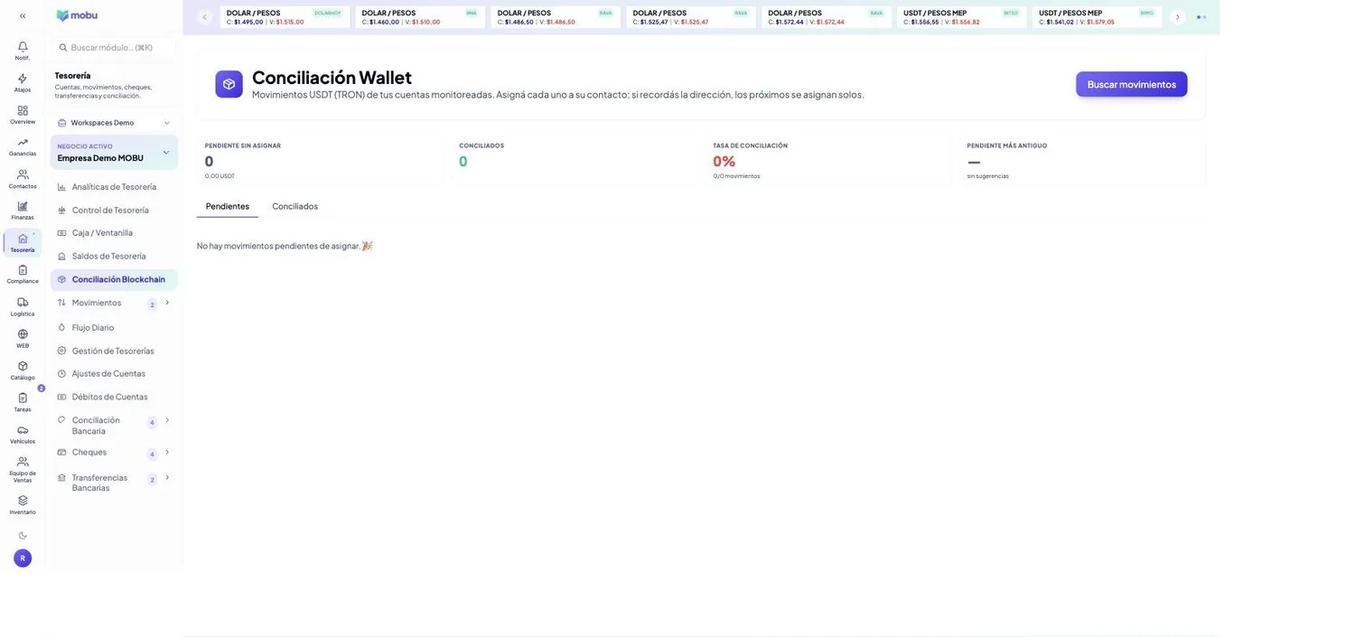 Conciliación Blockchain en MOBU — captura real de la app