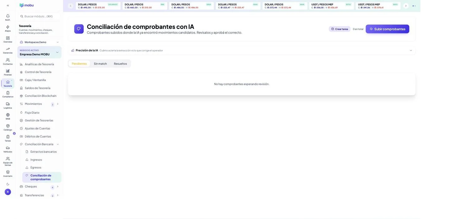 Conciliación de comprobantes en MOBU — captura real de la app